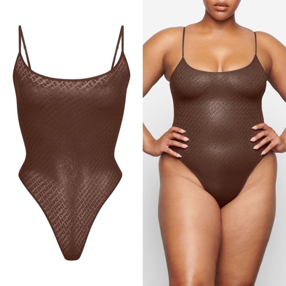 SKIMS Logo Mesh Foil Cami Bodysuit Cocoa Brown NWT Size 4X - Picture 1 of 12